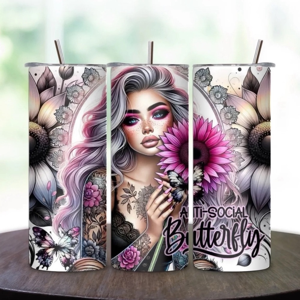 Handmade Anti-Social Butterfly Tumbler. NWOT